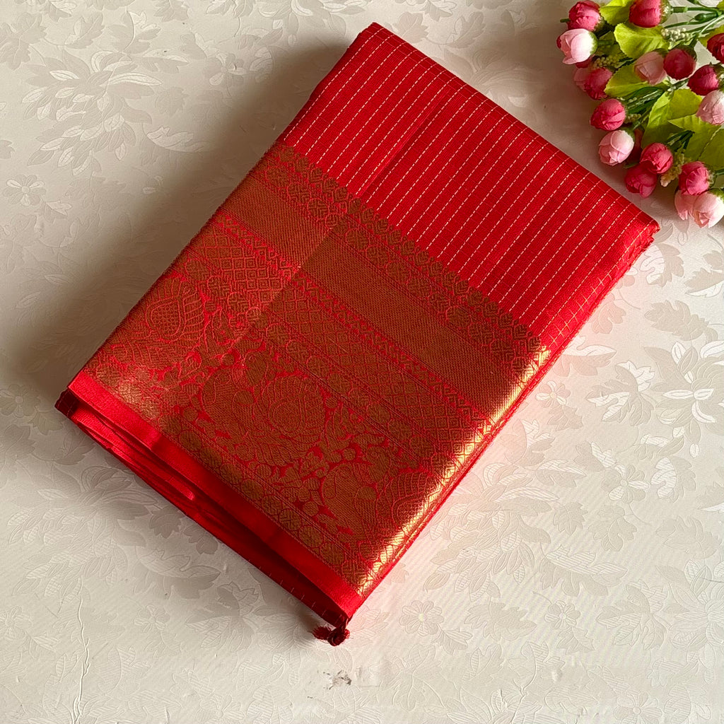 Micro Checkered Vermilion Red Designer Pure Silk Saree With Antique Gold Pallu