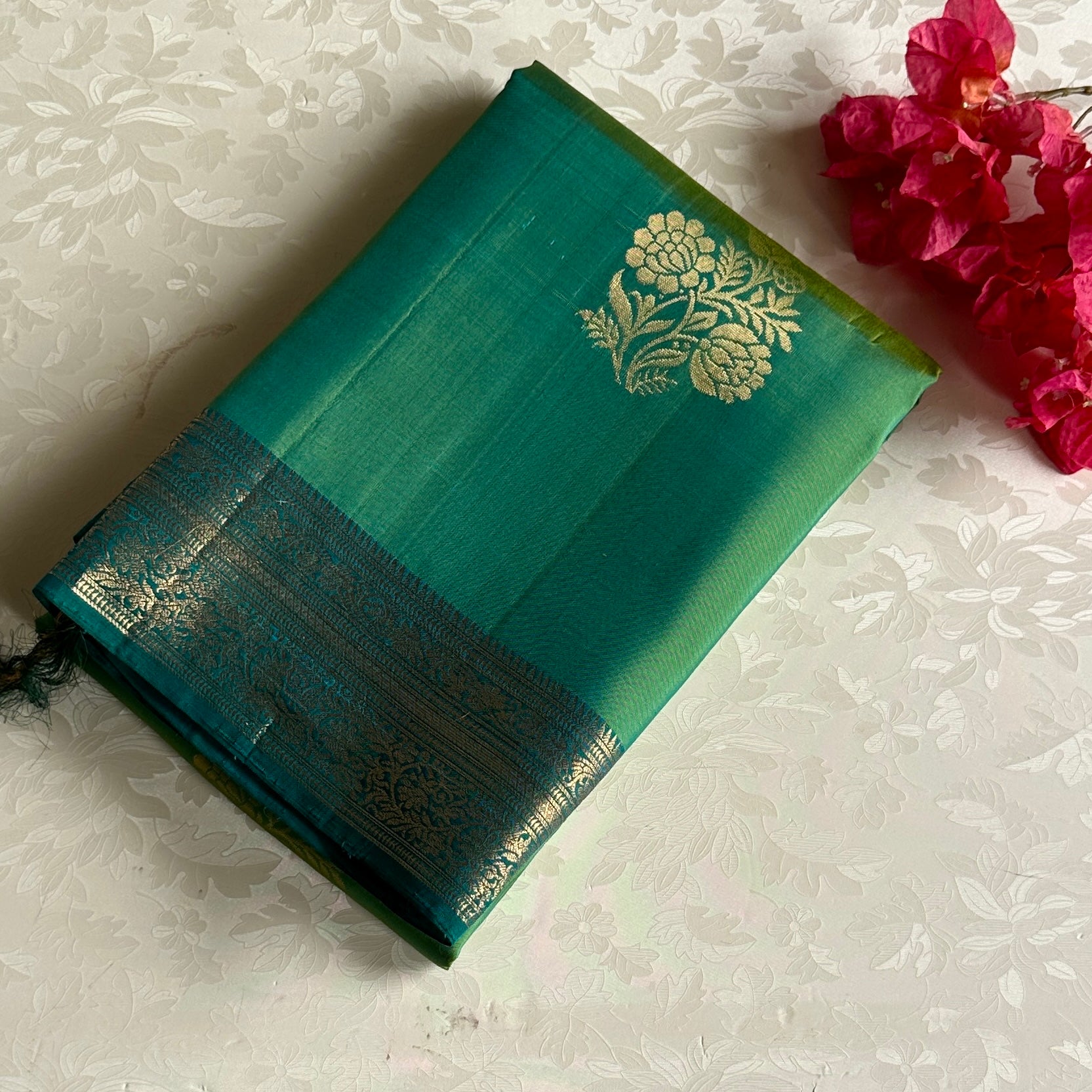 Lime Green Teal Green Designer Pure Silk Saree With Gold Jaal