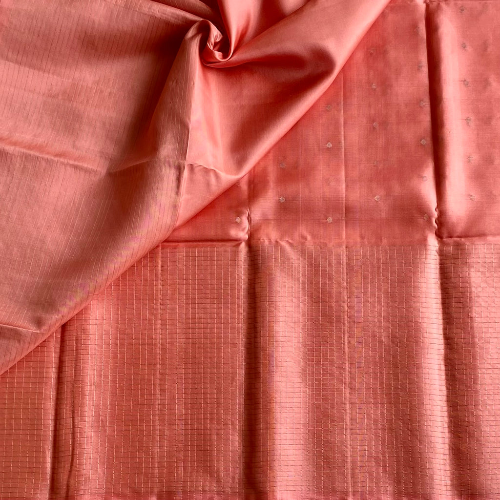 Coral Peach Designer Pure Silk Saree With Pale Gold Zari