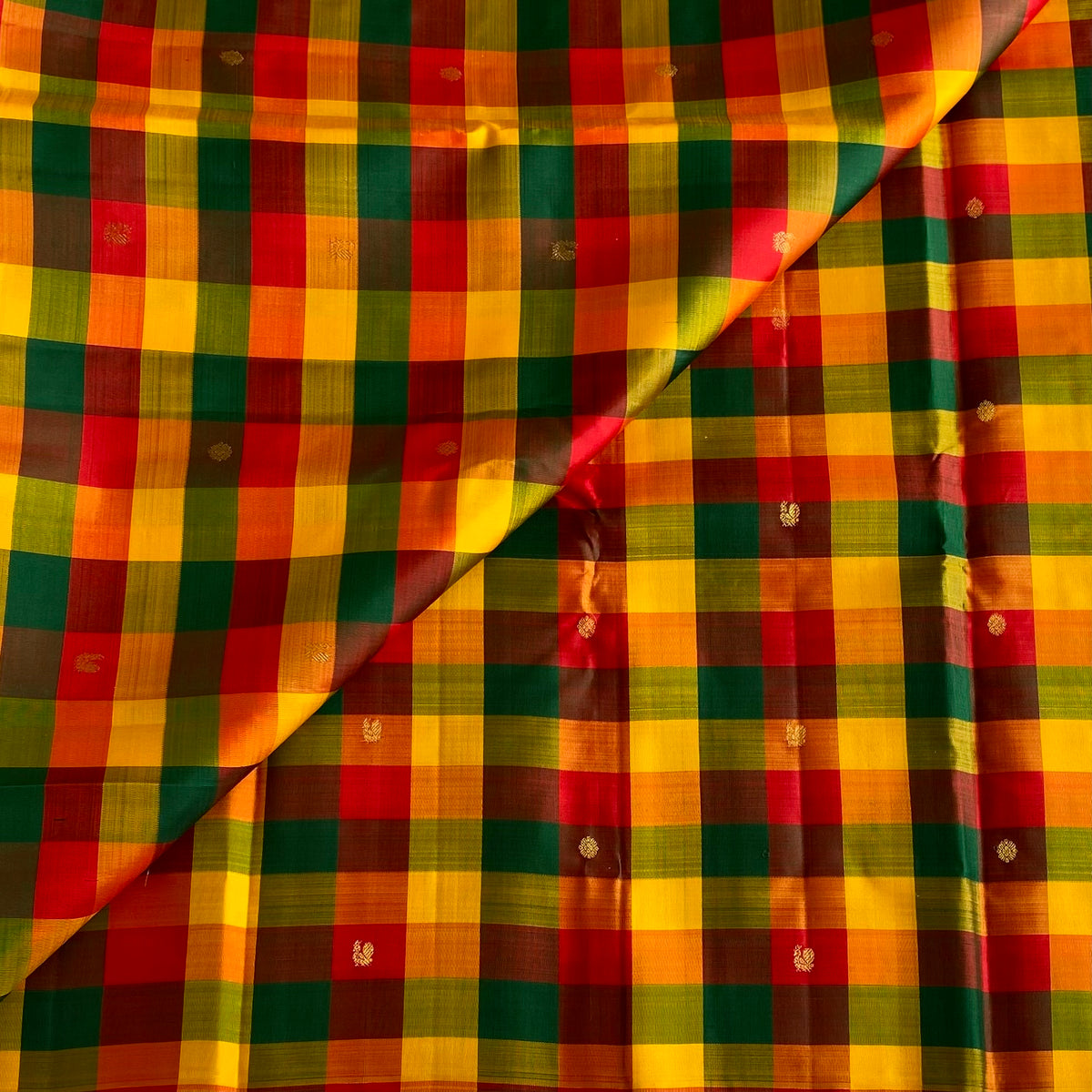 Multi Checkered Kanjeevaram Pure Zari Silk Saree With Crimson Red Contrast