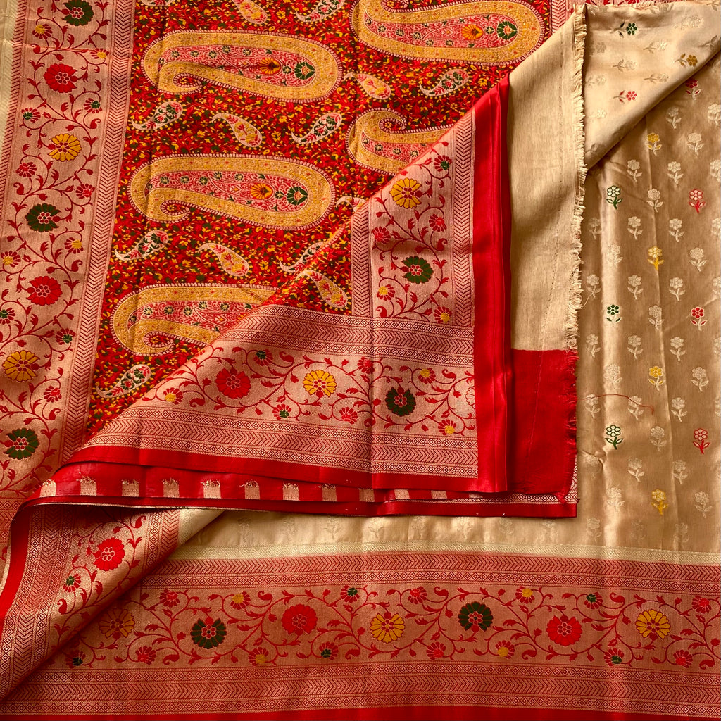 Crimson Gold Paisley Brocade Saree With Floral Border Elegant Wedding