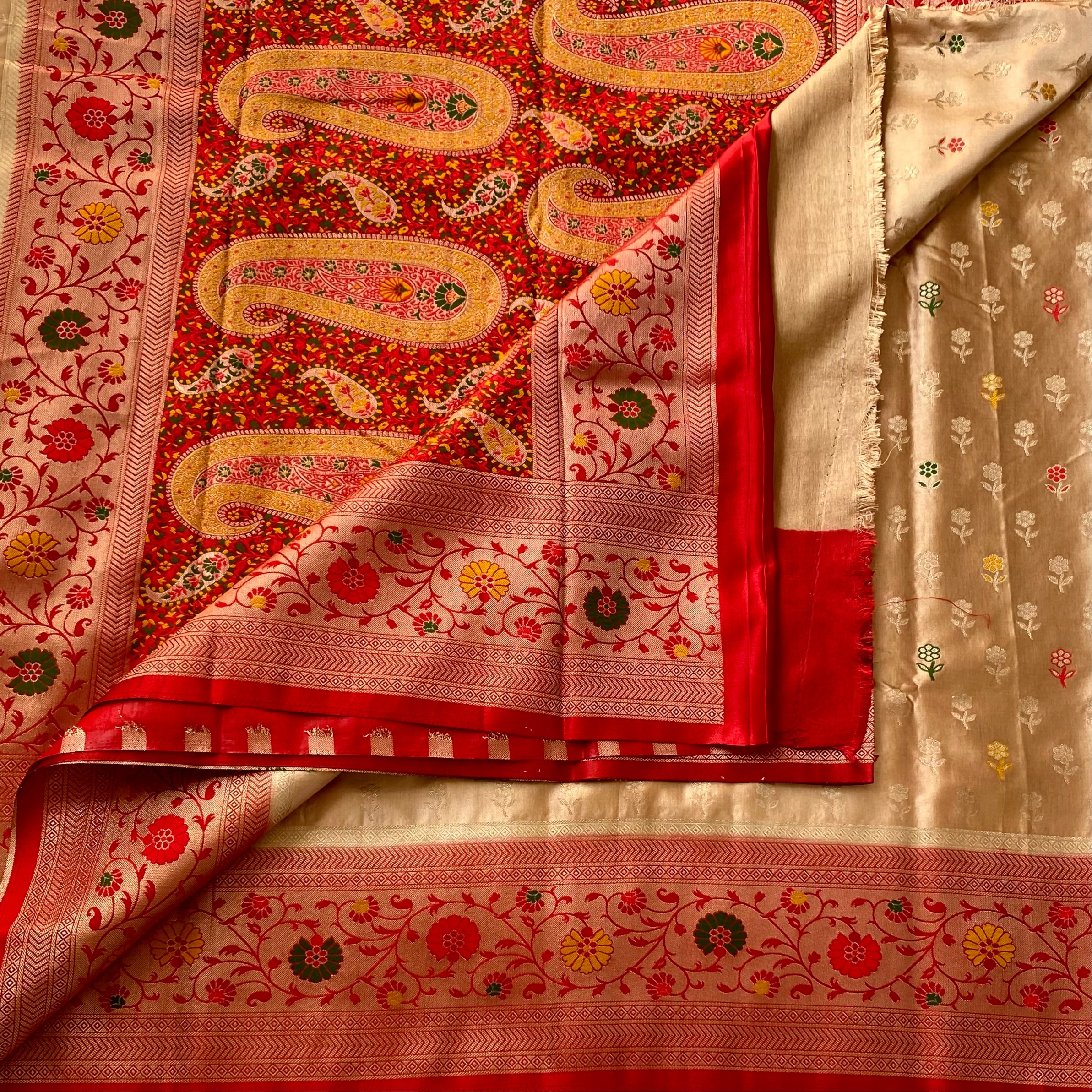 Crimson Gold Paisley Brocade Saree With Floral Border Elegant Wedding