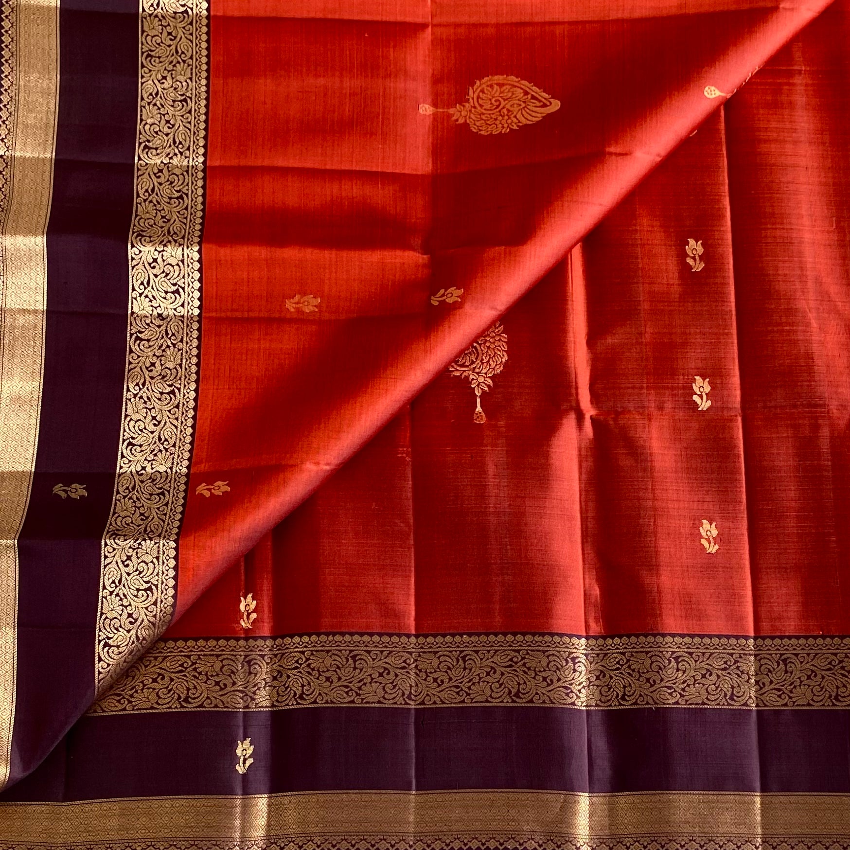 Rust Red Designer Pure Silk Saree With Deep Purple Pallu