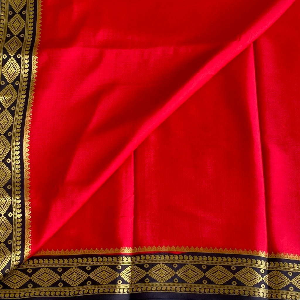 Scarlet Red Mysore Crepe Silk Saree With Jet Black Gold Border