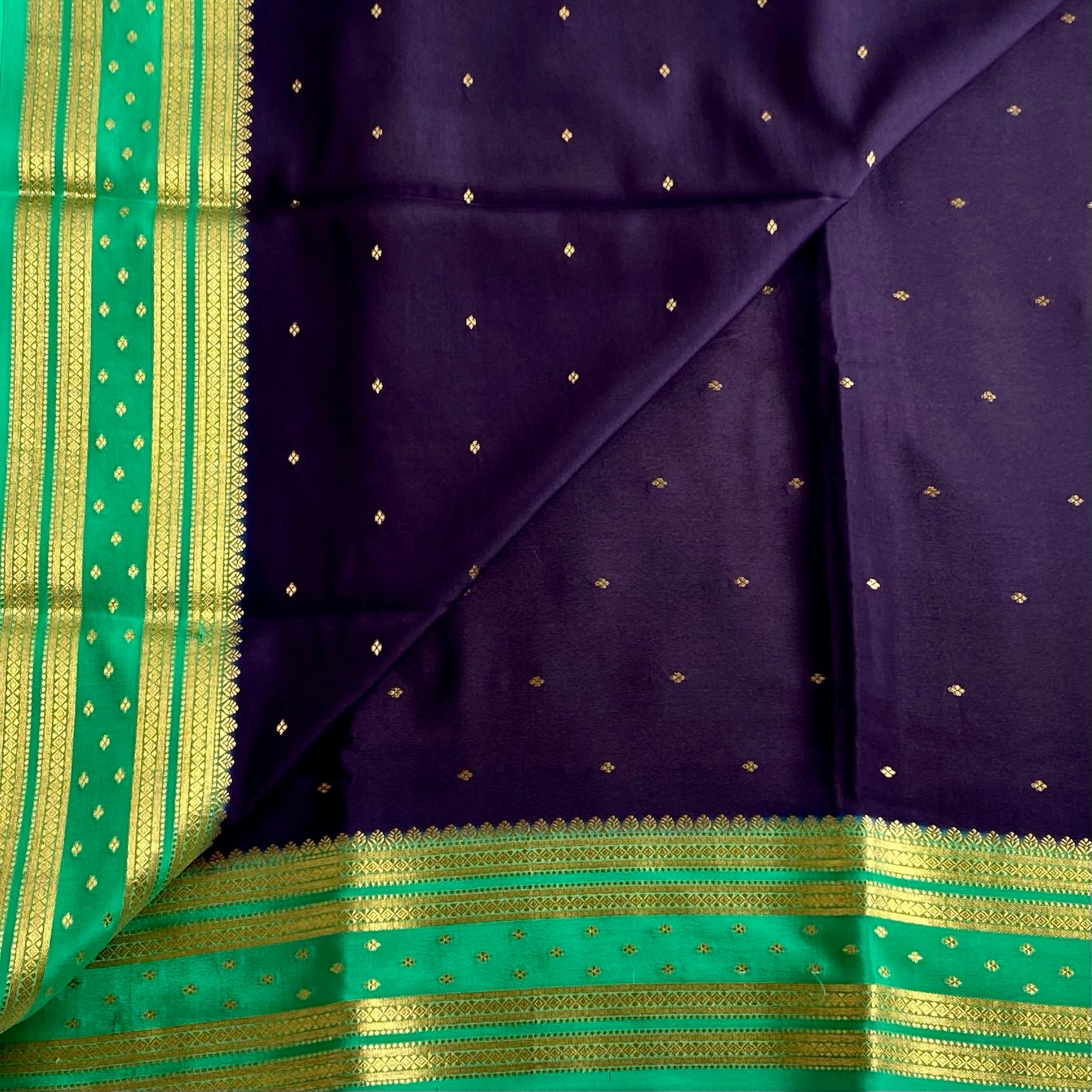 Midnight Navy Mysore Crepe Silk Saree With Sea Green Contrast