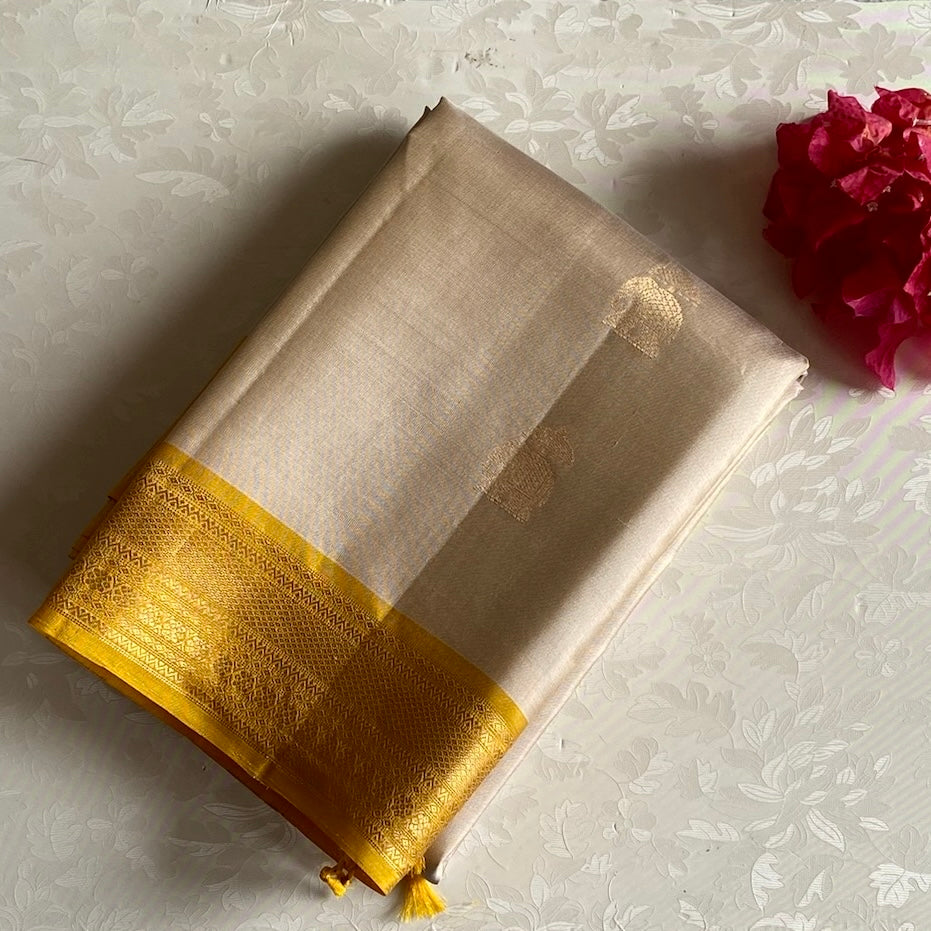 Champagne Beige Designer Pure Silk with Magical mango yellow Contrast