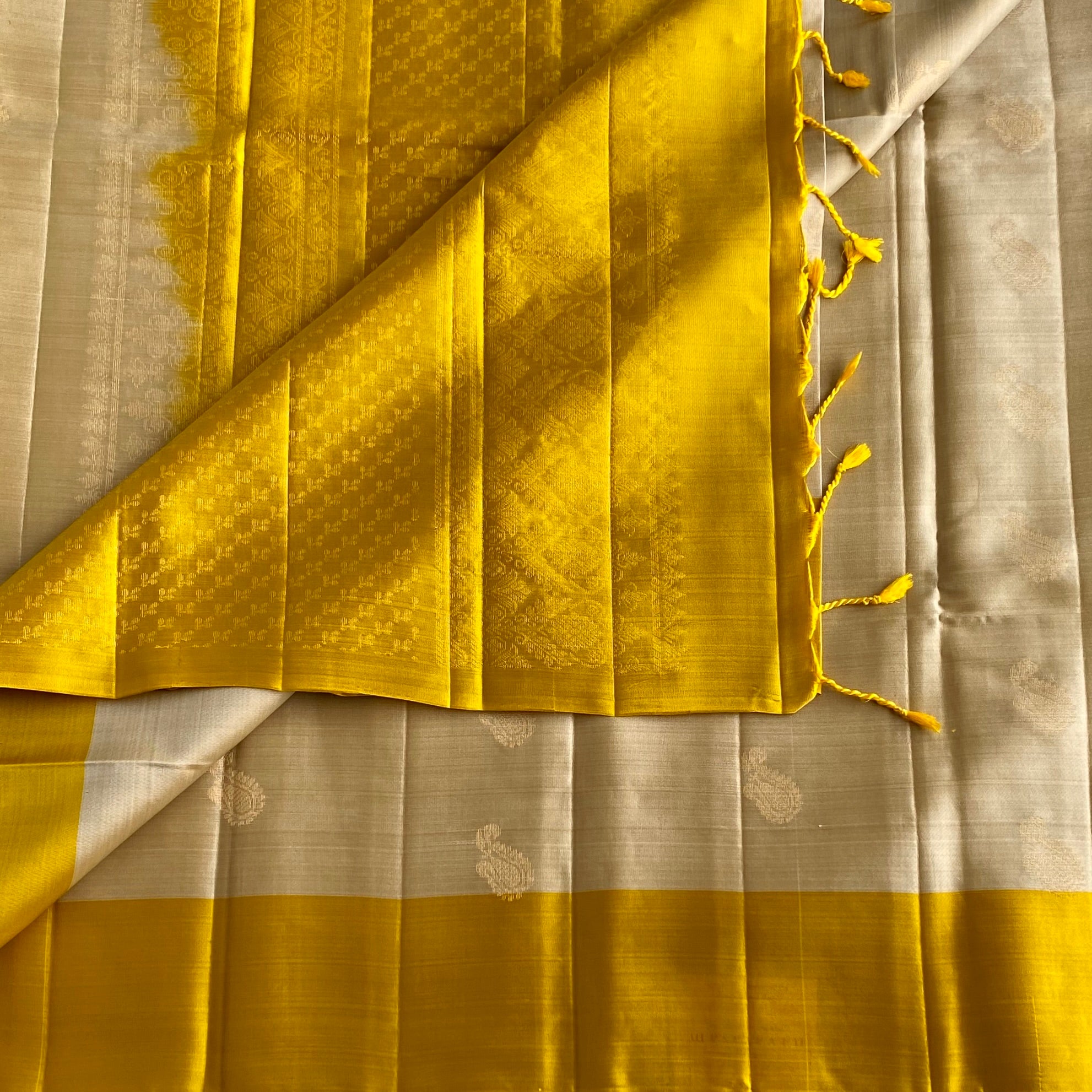 Soft Champagne Beige Designer Pure Silk Saree With Mustard Yellow Border