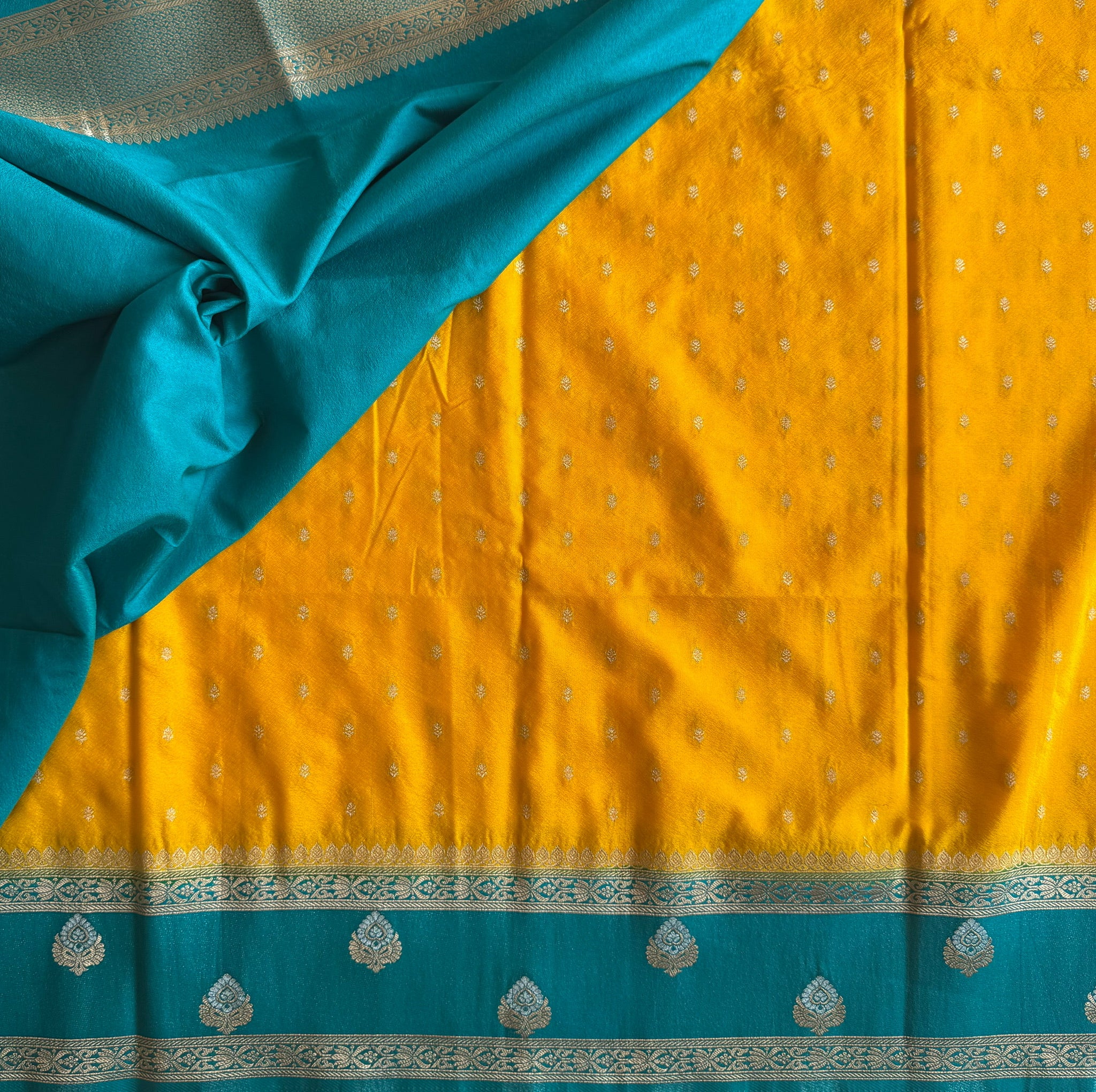 Mustard Teal Woven Saree Gold Border Traditional Festive Elegant Premium