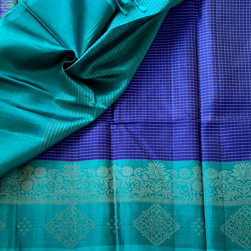 Royal Blue Designer Pure Silk Saree With Turquoise Pallu