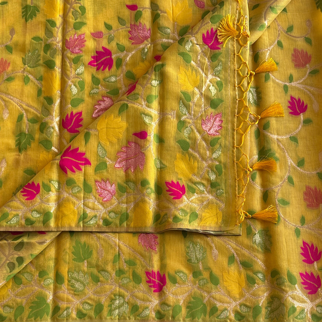 Mustard Yellow Sheer Saree Fuchsia Floral Silver Zari Tassel Edging