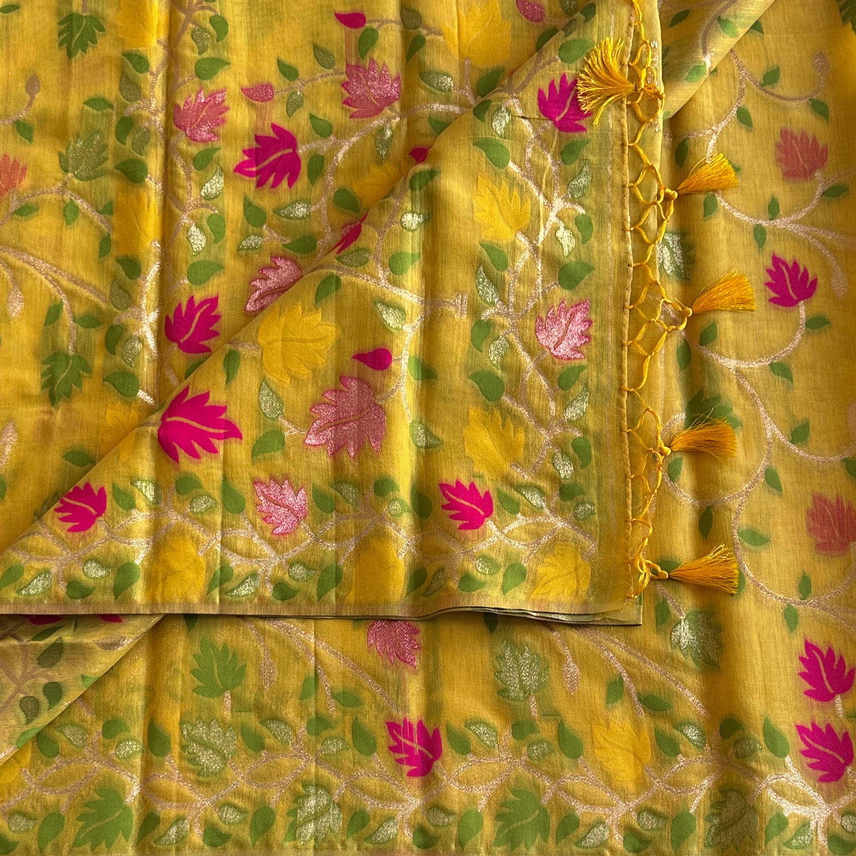 Mustard Yellow Sheer Saree Fuchsia Floral Silver Zari Tassel Edging