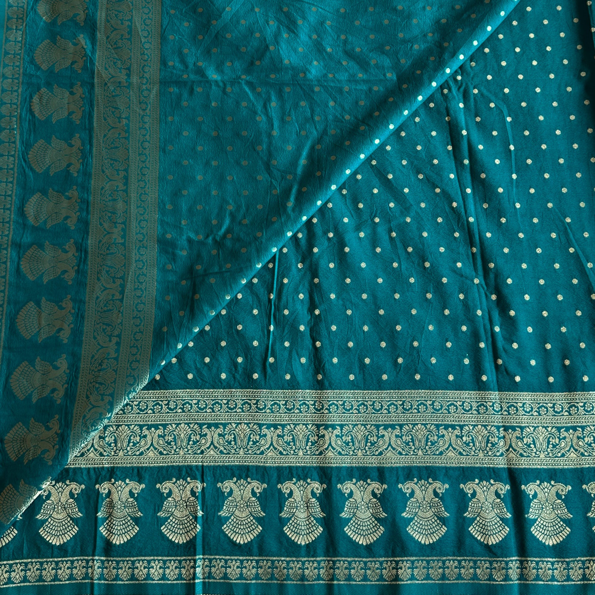 Teal Brocade Zari Saree Paisley Pallu Dotted Buti Traditional Wedding