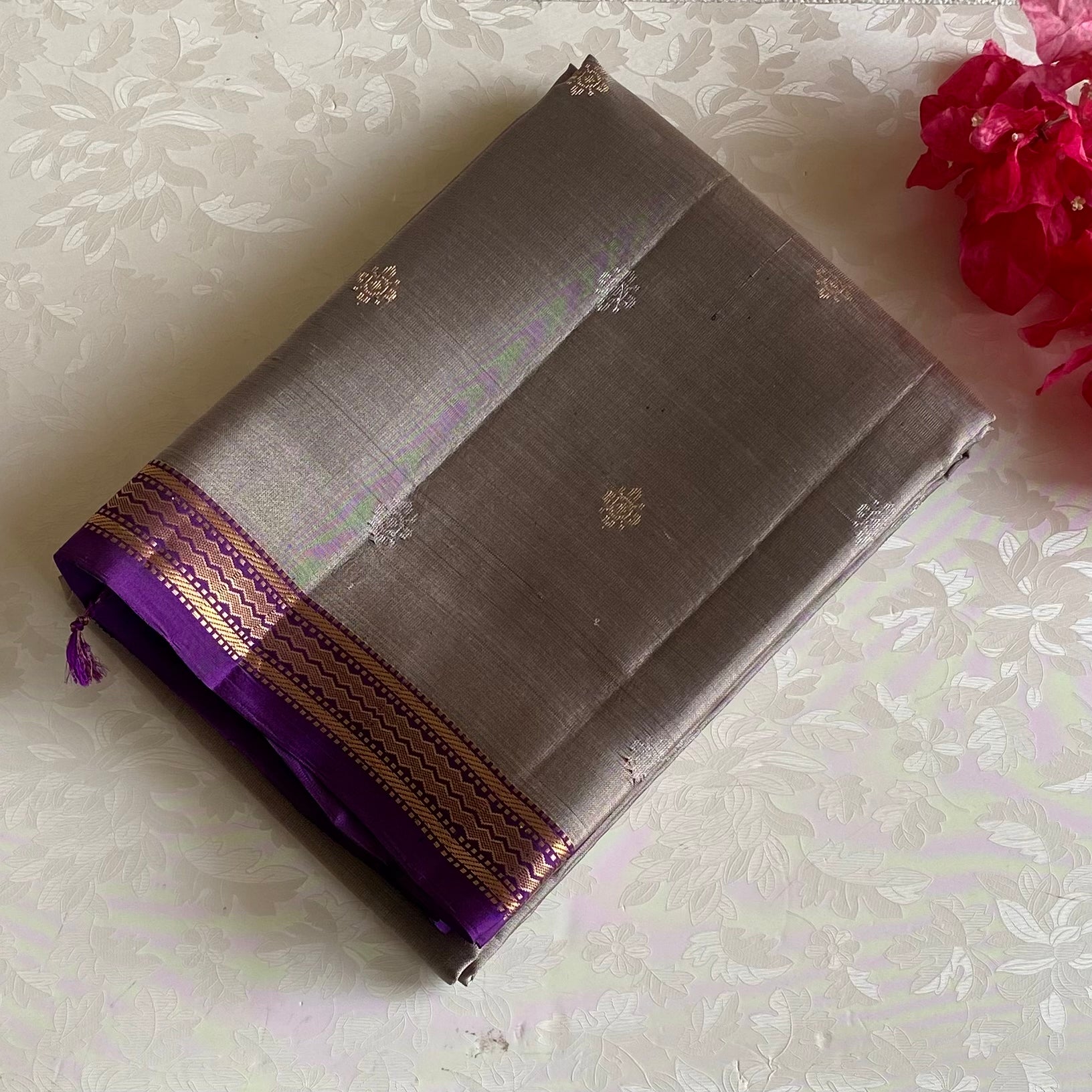 Taupe Beige Designer Pure Silk Saree With Royal Purple Pallu