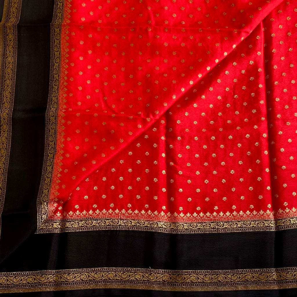 Crimson Red Banarasi Crepe Silk Saree With Jet Black Pallu