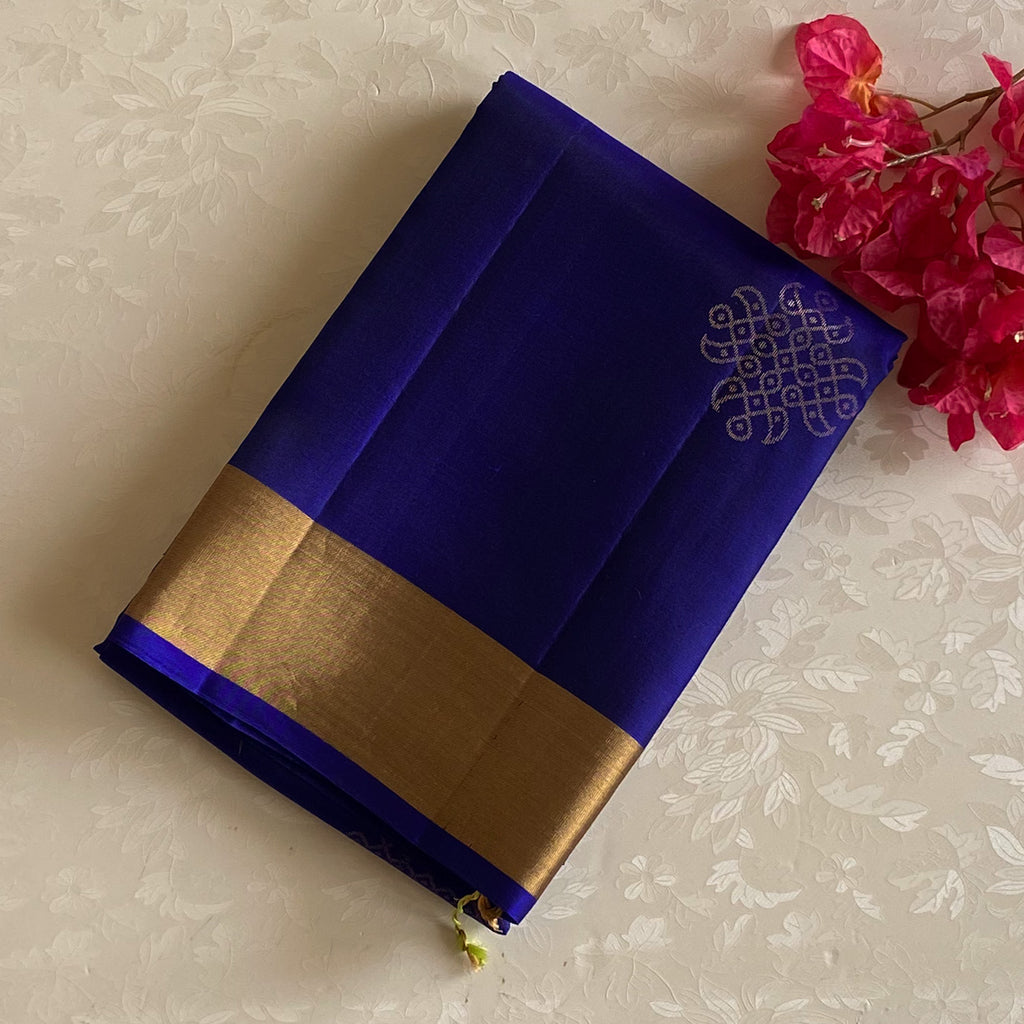 Royal Blue Seafoam Green Silk Saree With Kollam Zari weave