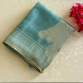 Yellow Teal Ombre Saree With Silver Brocade Floral Pallu Tassels