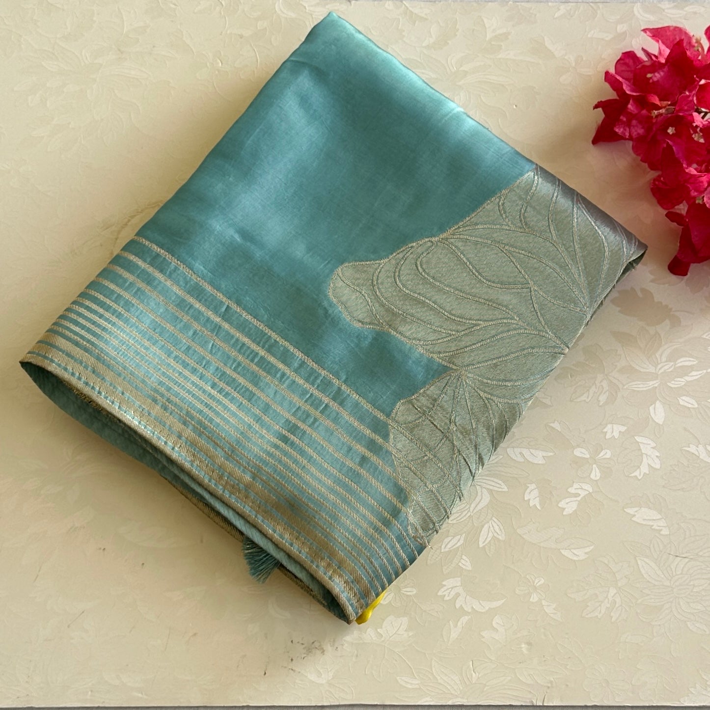 Yellow Teal Ombre Saree With Silver Brocade Floral Pallu Tassels