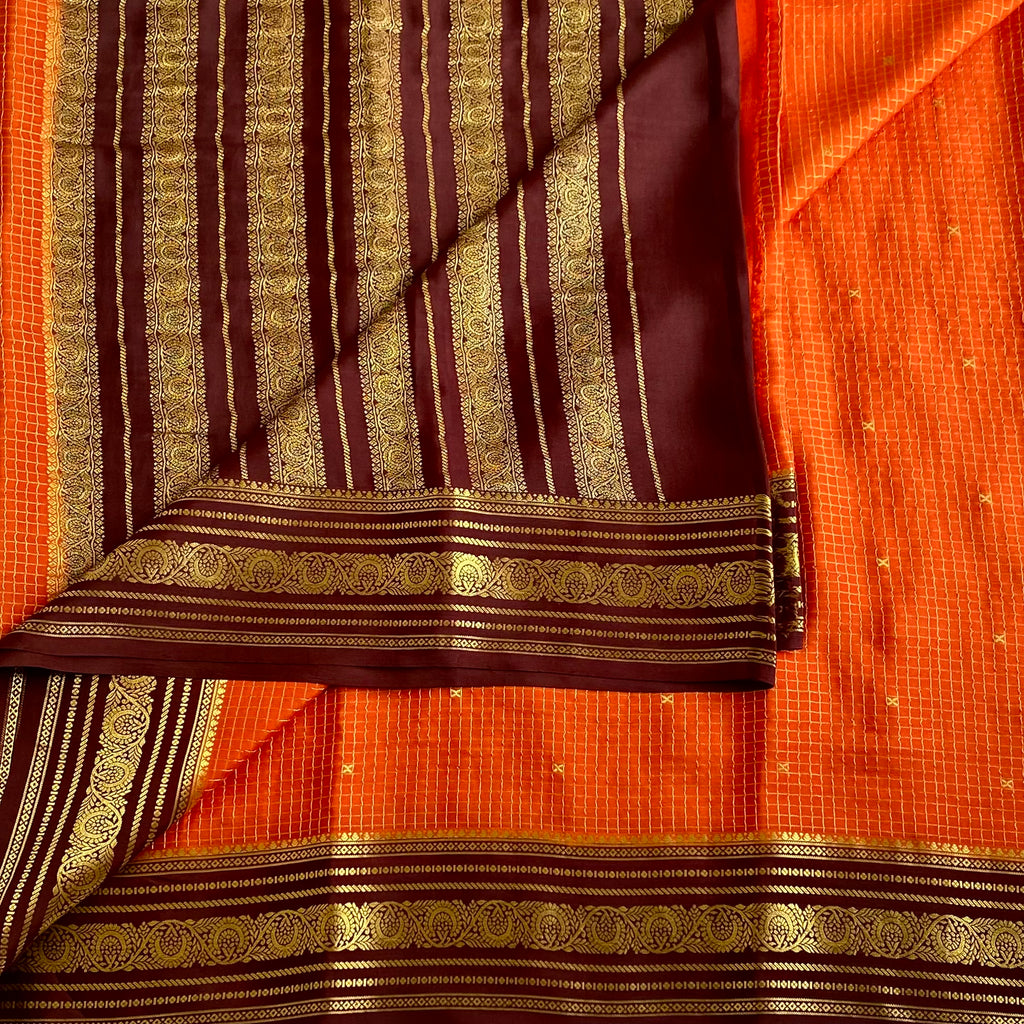 Mysore Crepe Classic Rust Orange With Deep Chocolate Pallu