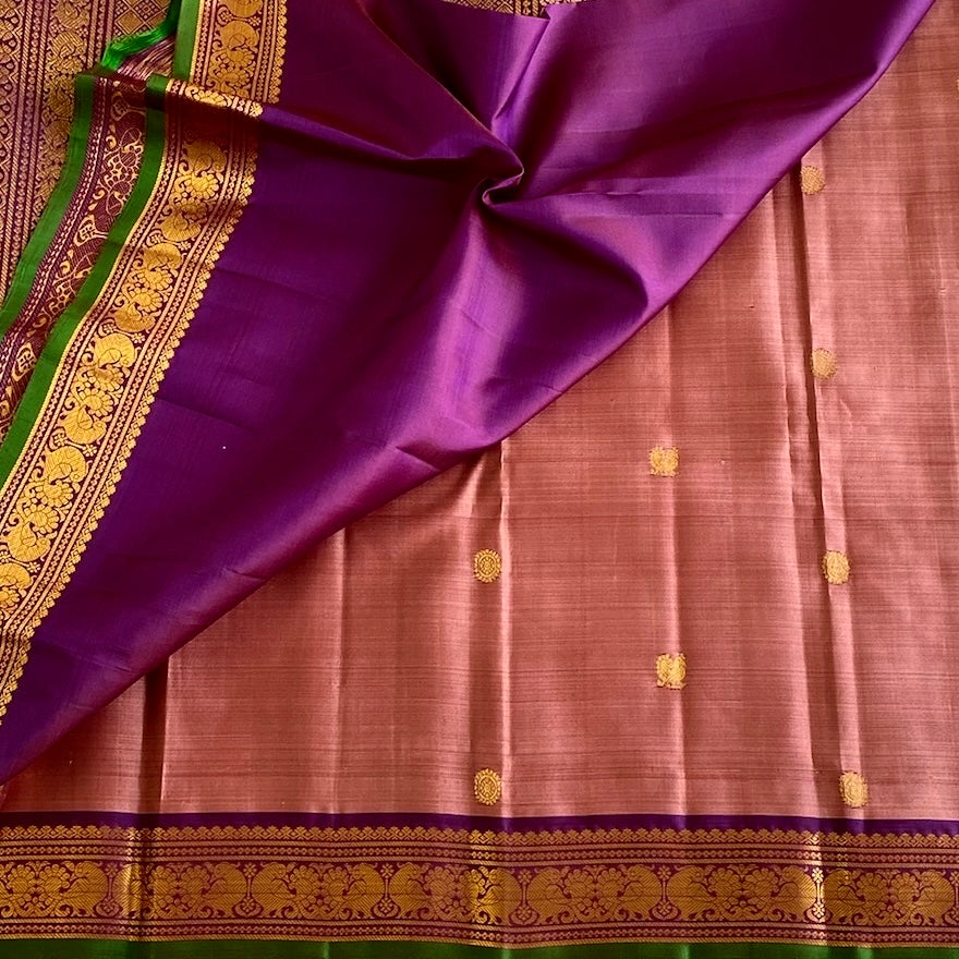 Dusty Rose Kanjeevaram Pure Zari Silk Saree With Royal Purple Pallu