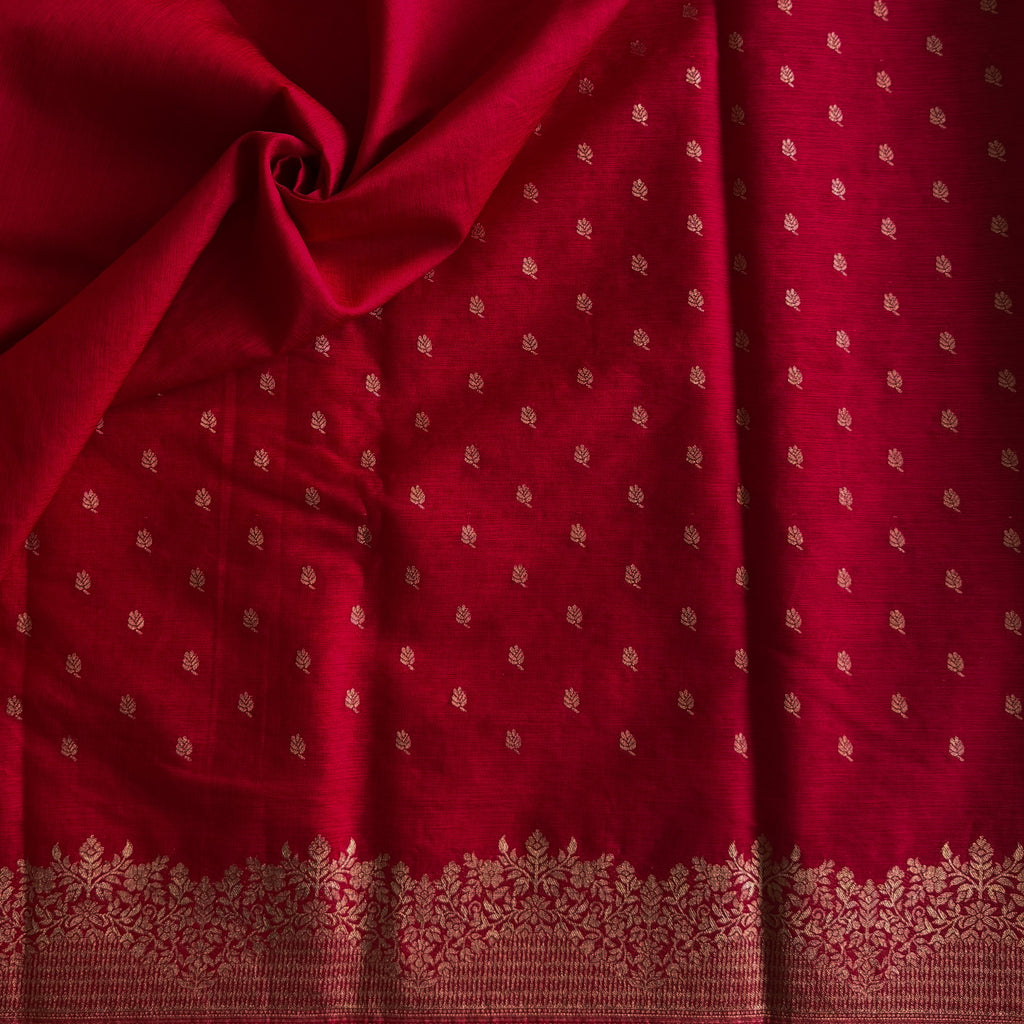 Scarlet Red Saree Antique Gold Brocade Floral Border and Buti