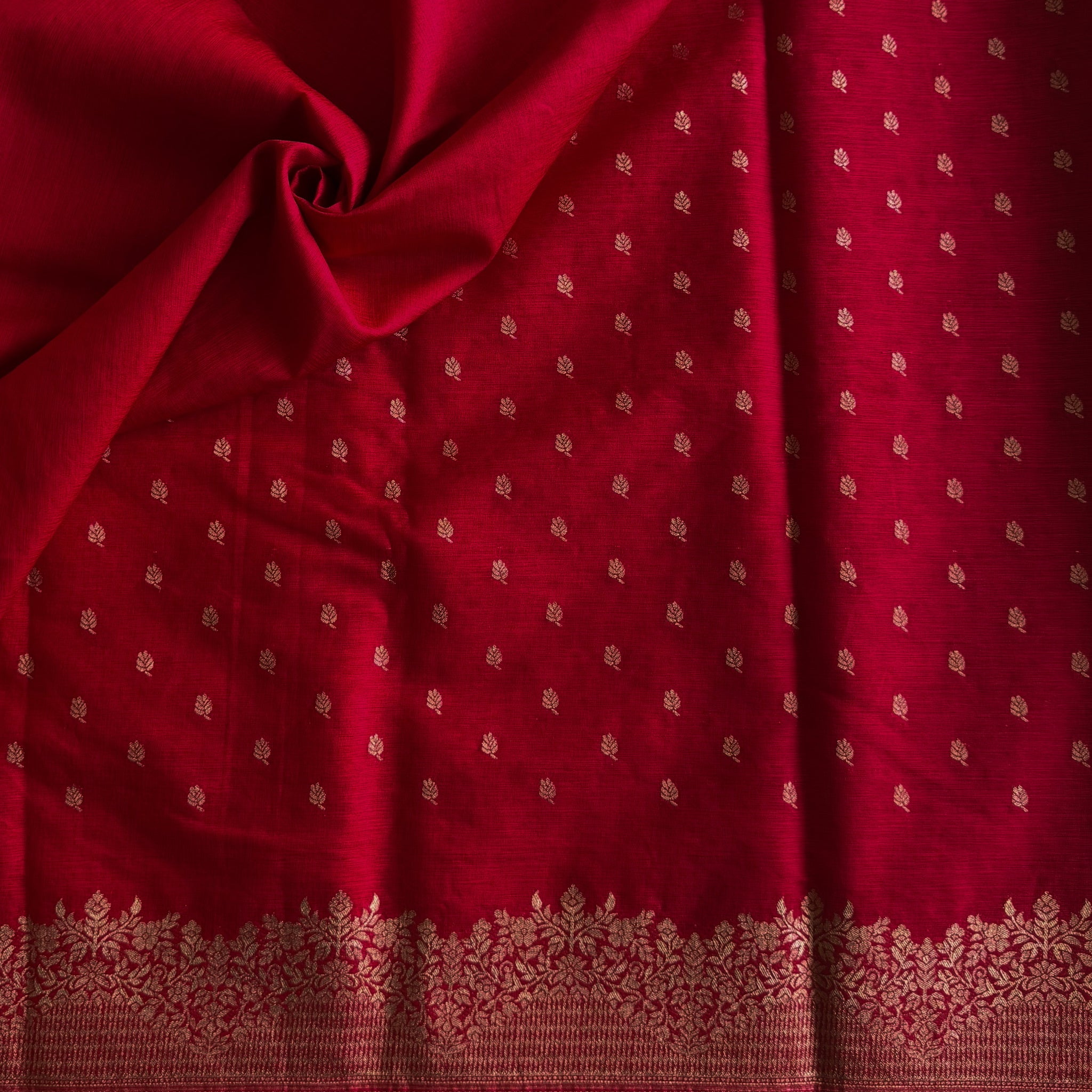 Scarlet Red Saree Antique Gold Brocade Floral Border and Buti