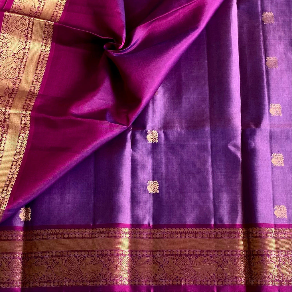 Metallic Lavender Designer Pure Silk With Rich Magenta Contrast