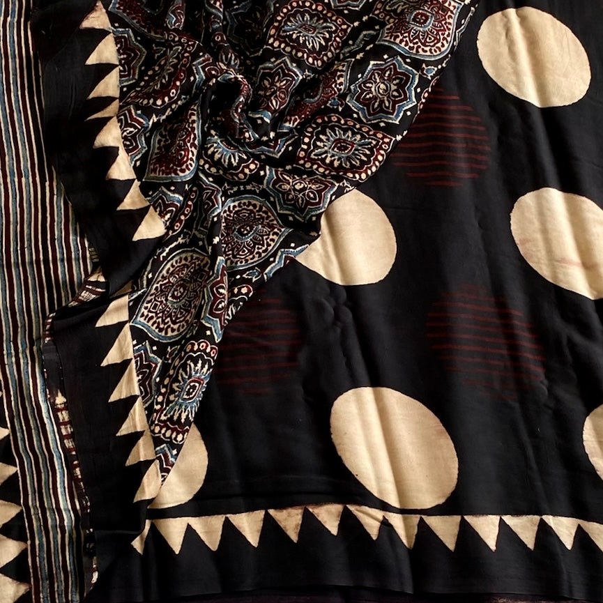 Jet Black Ajrakh Handblock Printed Silk Saree With Antique Gold Pallu