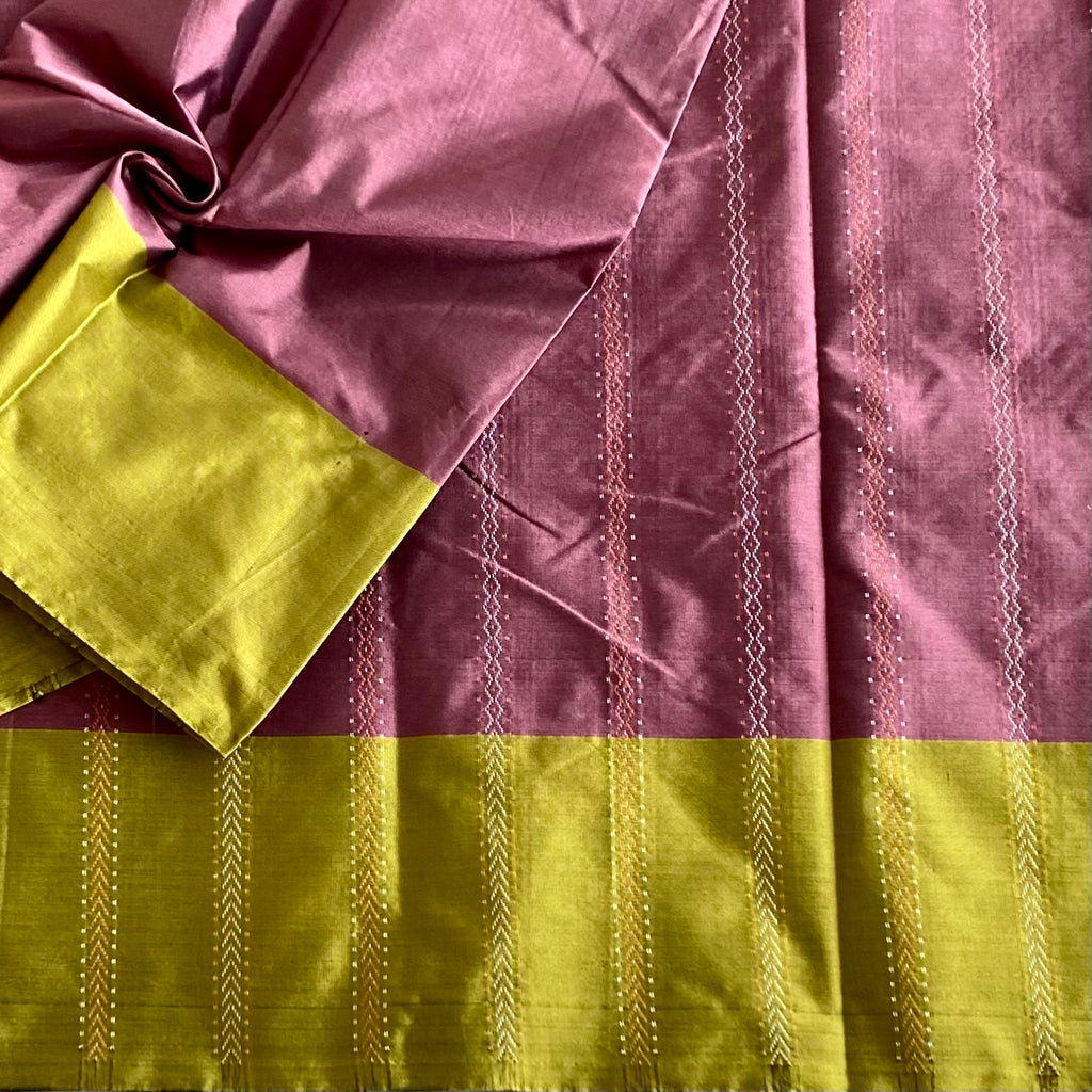 Mauve Soft Mixed Silk Saree With Chartreuse Pallu And Gold Zari