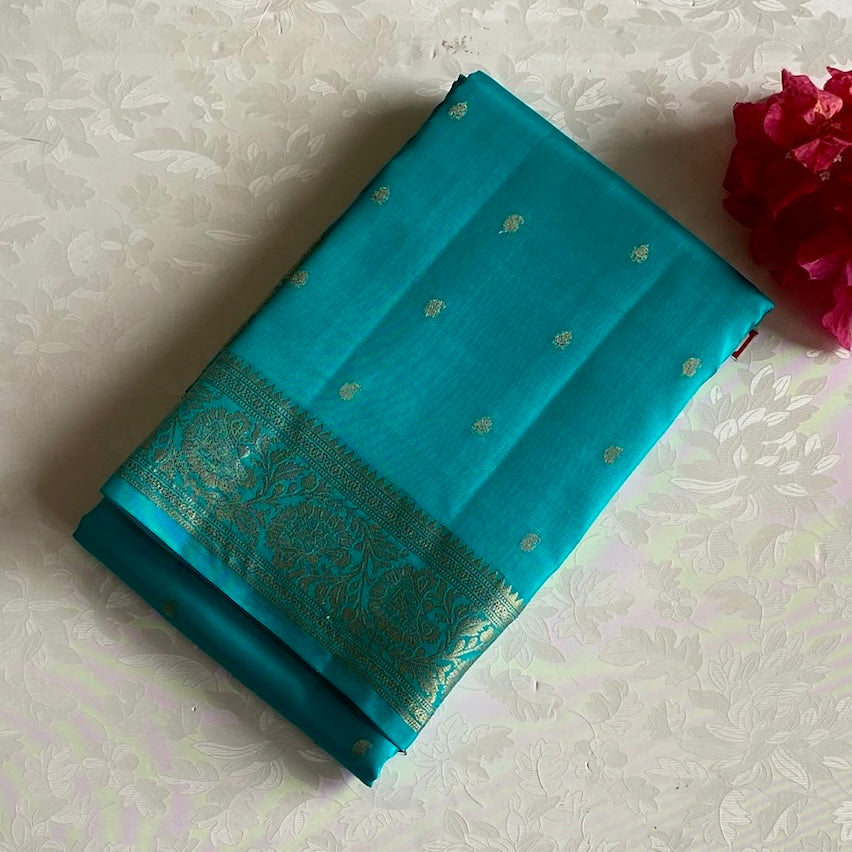 Dreamy Sea Blue And Gold Designer Pure Silk Saree With Floral Zari Border