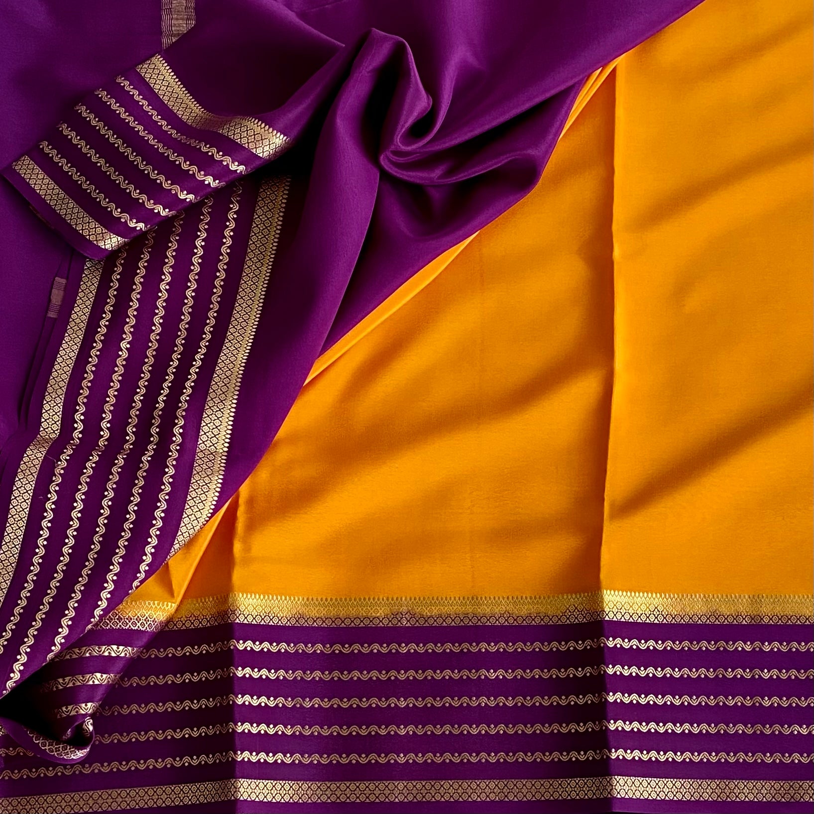 Marigold Yellow Mysore Crepe Silk Saree With Royal Purple Border