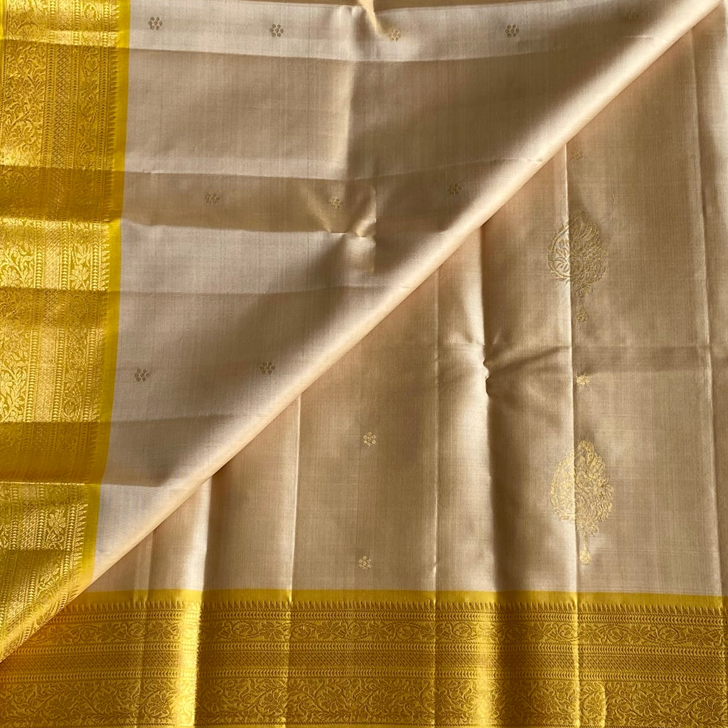 Champagne Beige Designer Pure Silk with Stunning Golden Yellow Contrast Pallu