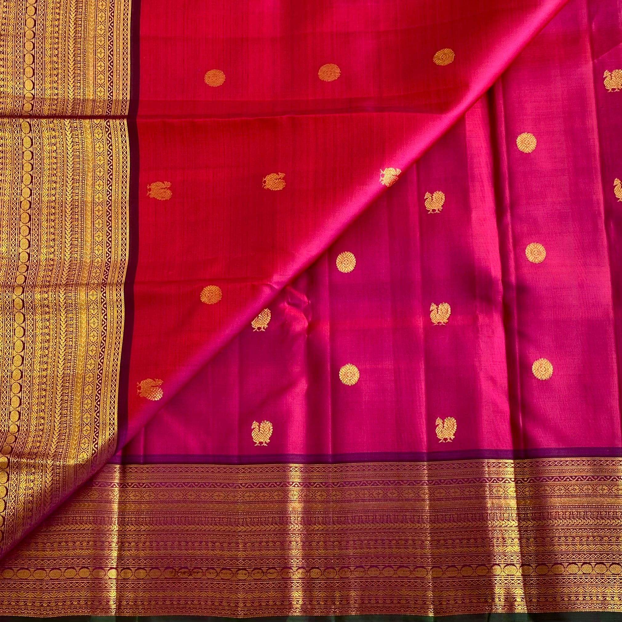 Rani Pink Kanjeevaram Pure Zari Silk Saree With Plum Purple Pallu