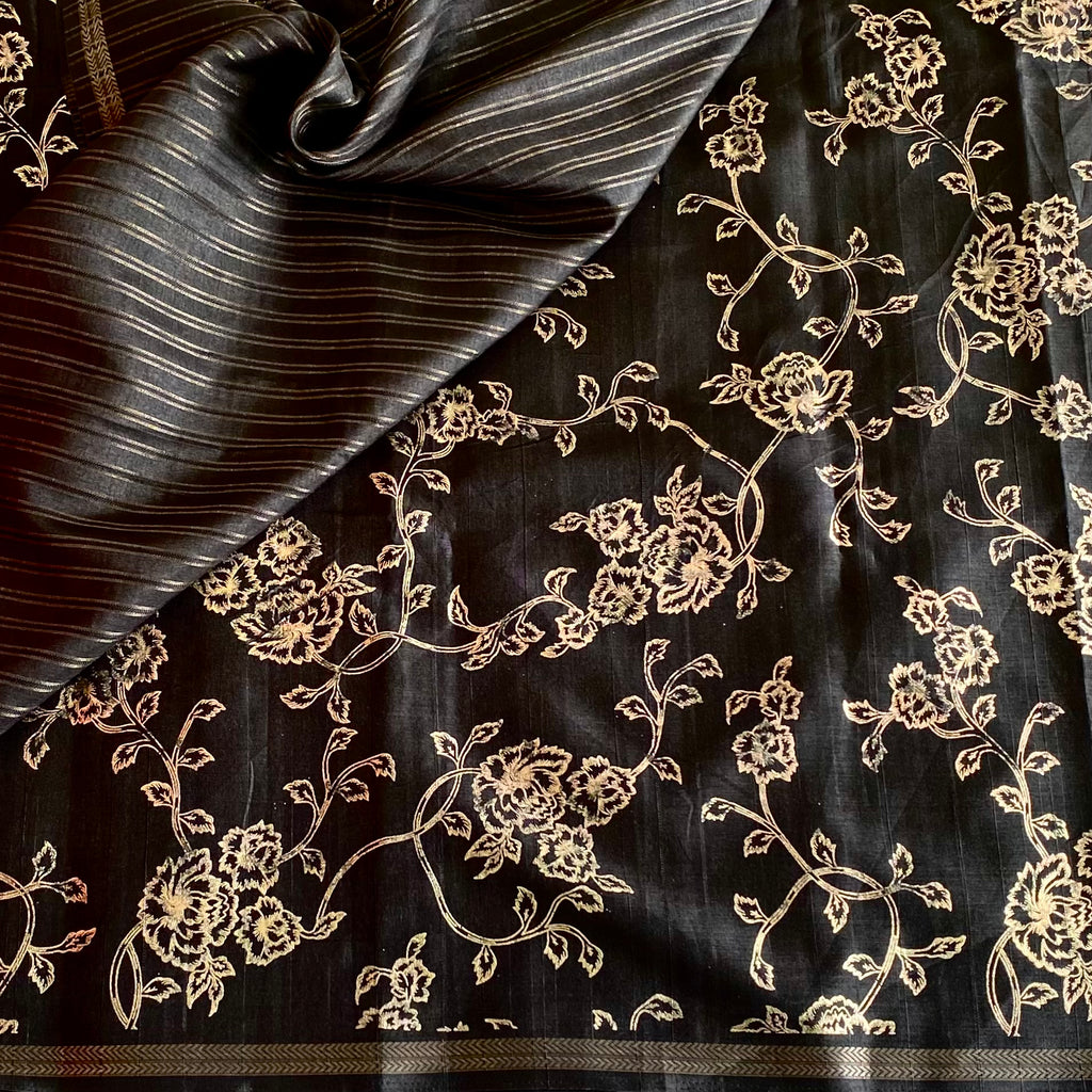 Jet Black Soft Tussar Silk Saree With Antique Gold Floral Pallu