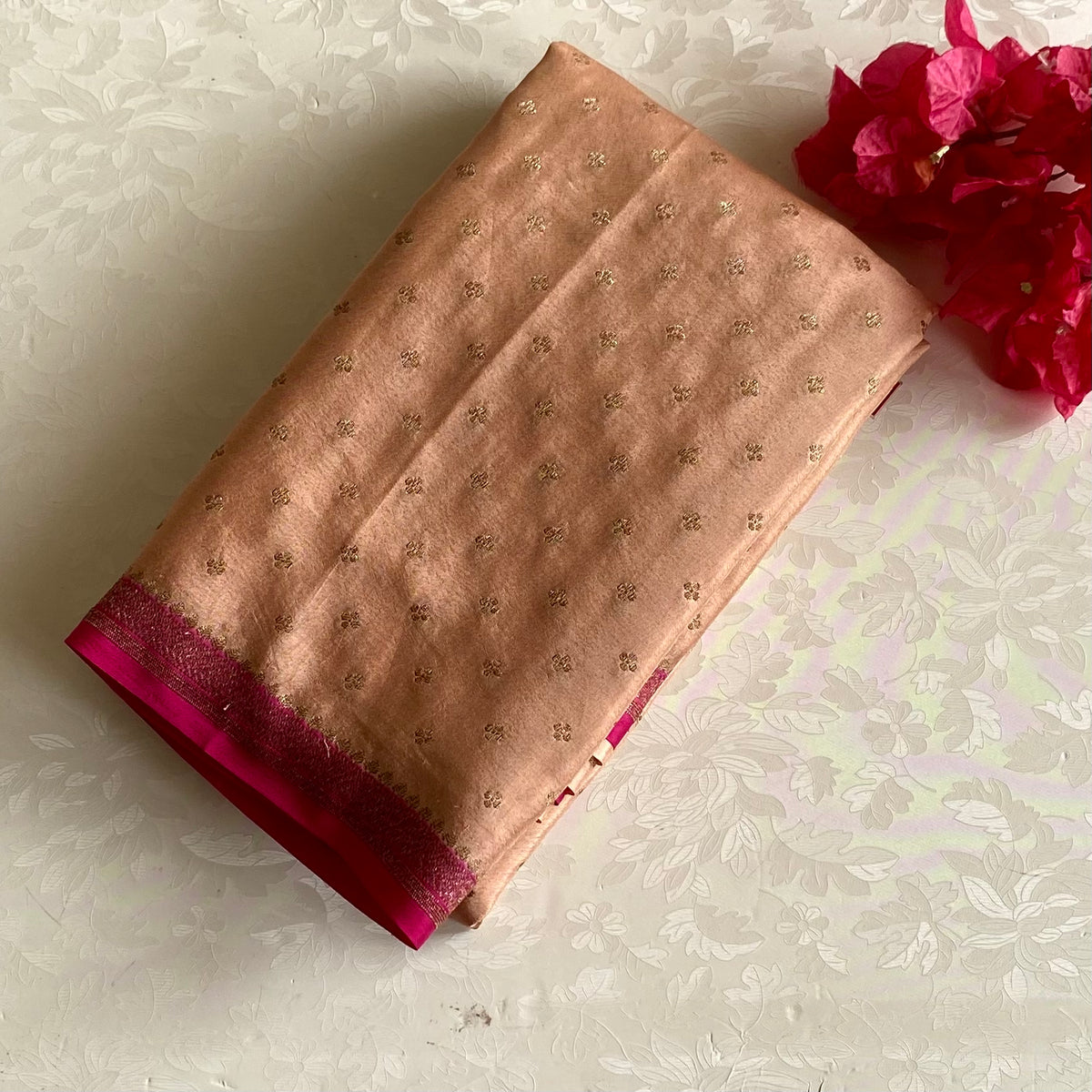 Peach Beige Banarasi Crepe Silk Saree With Rani Pink Pallu