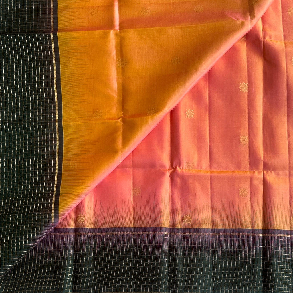 Deep Teal Traditional Silk Saree Gold Brocade Coral Pink Pallu