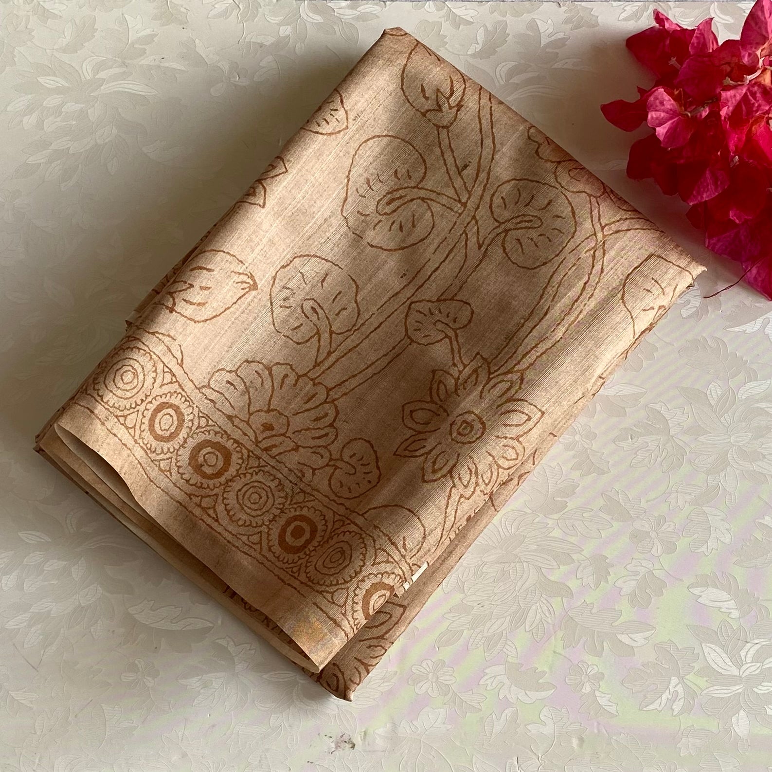 Light Tan Soft Tussar Silk Saree With Caramel Brown Motifs