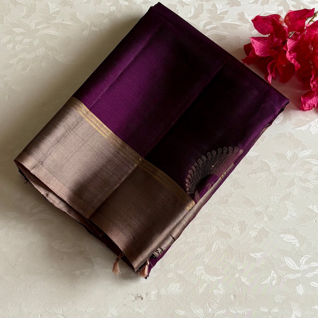 Deep Plum Designer Pure Silk Saree With Antique Greyish Gold Pallu