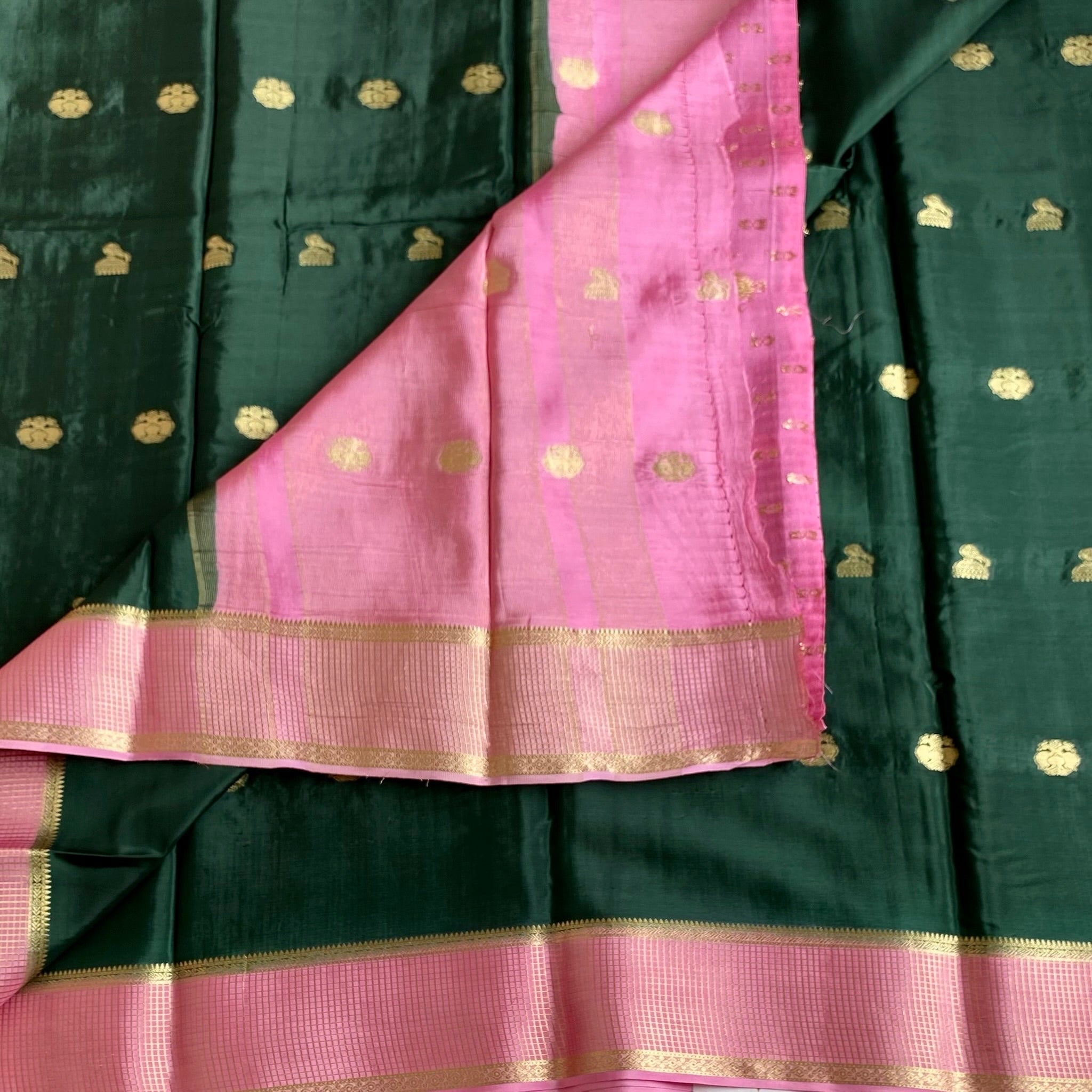 Bottle Green Soft Satin Crepe Silk Saree With Rose Pink Pallu