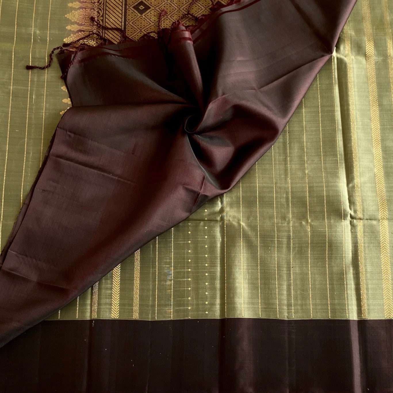 Sage Green Designer Pure Silk Saree With Chocolate Brown Pallu