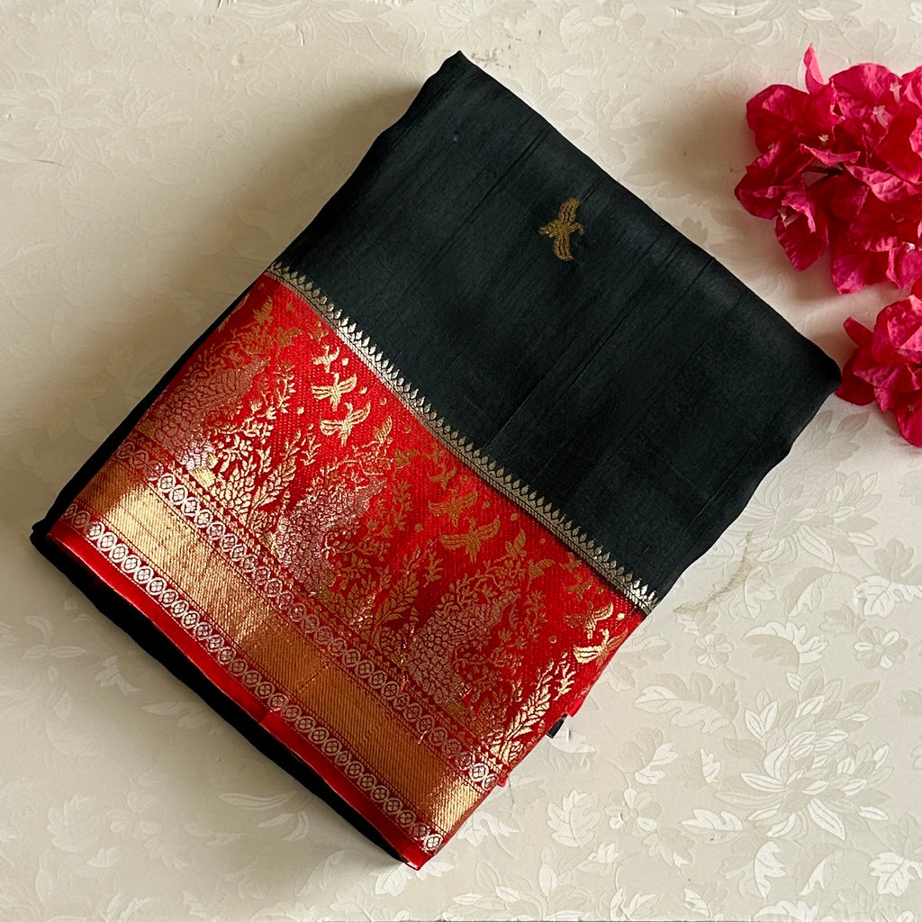 Charcoal Black Soft Tussar Silk Saree With Scarlet Red Pallu