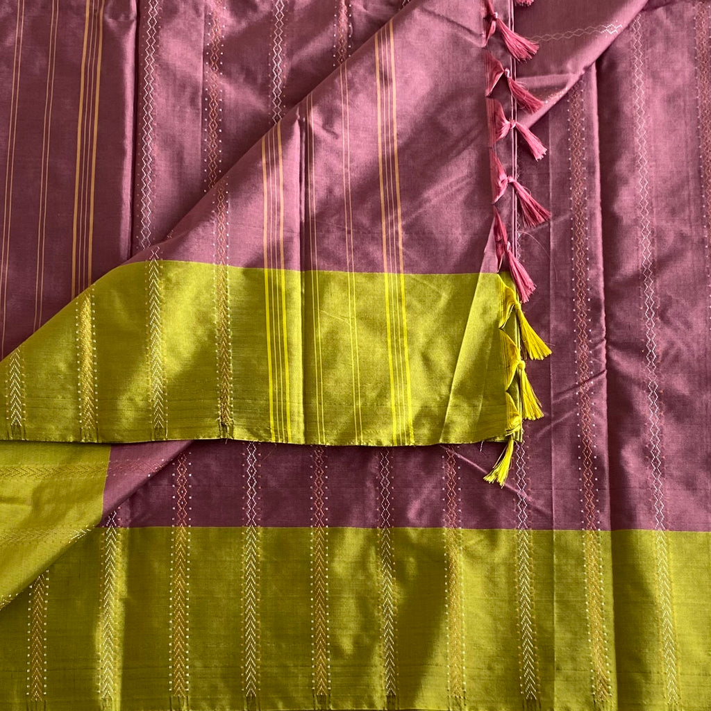 Mauve Soft Mixed Silk Saree With Chartreuse Pallu And Gold Zari