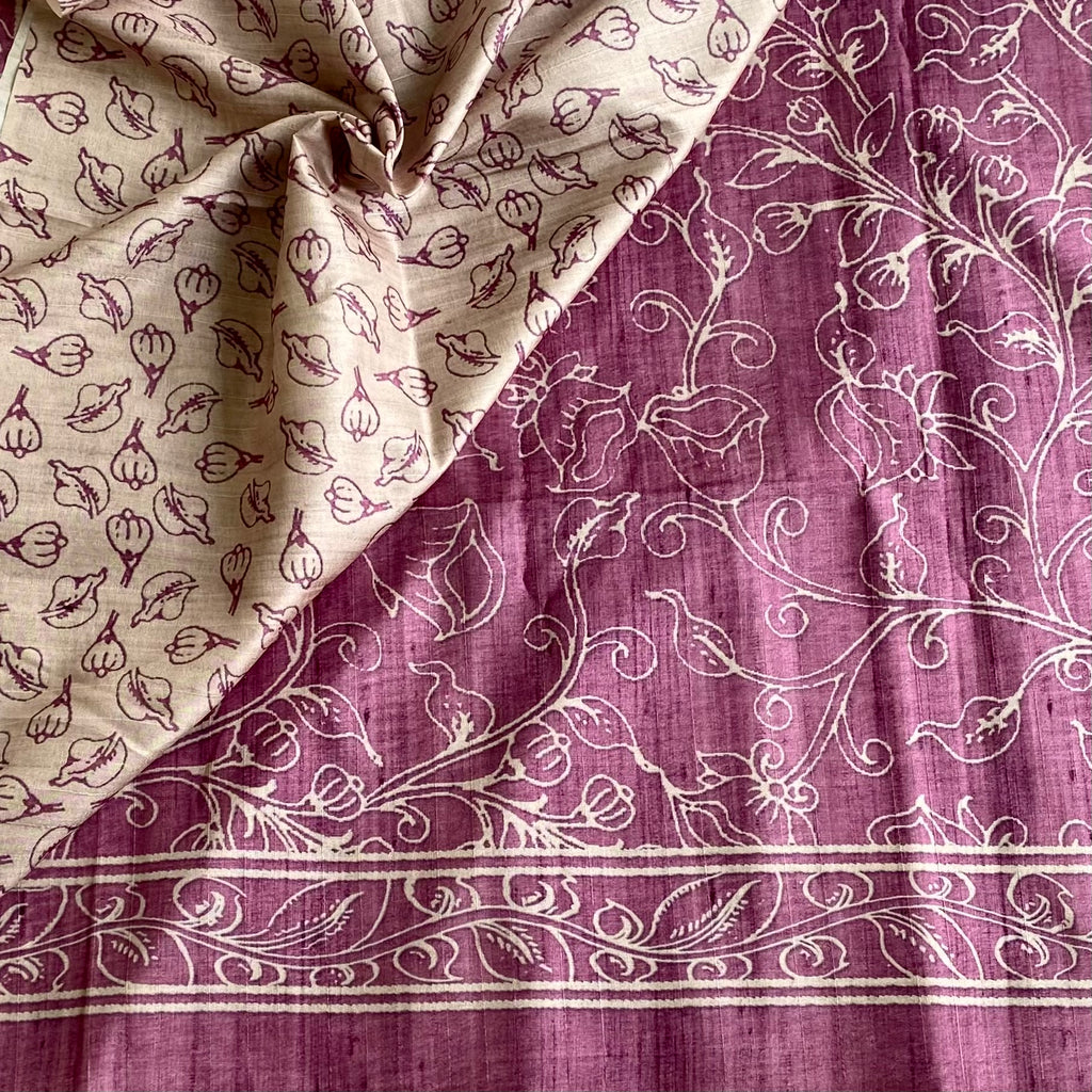 Plum Soft Tussar Silk Saree With Ivory Floral Border And Tassels