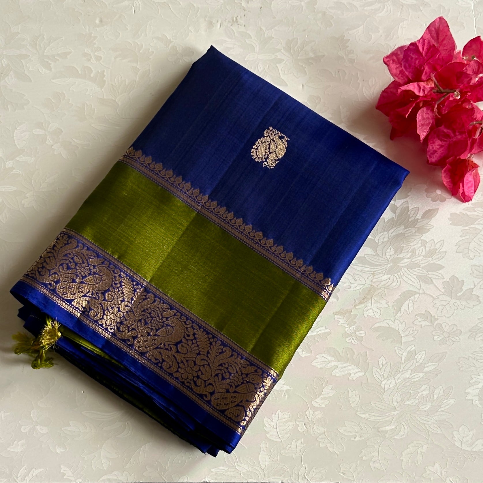 Navi • Royal blue with exquisite olive green handwoven designer pure silk