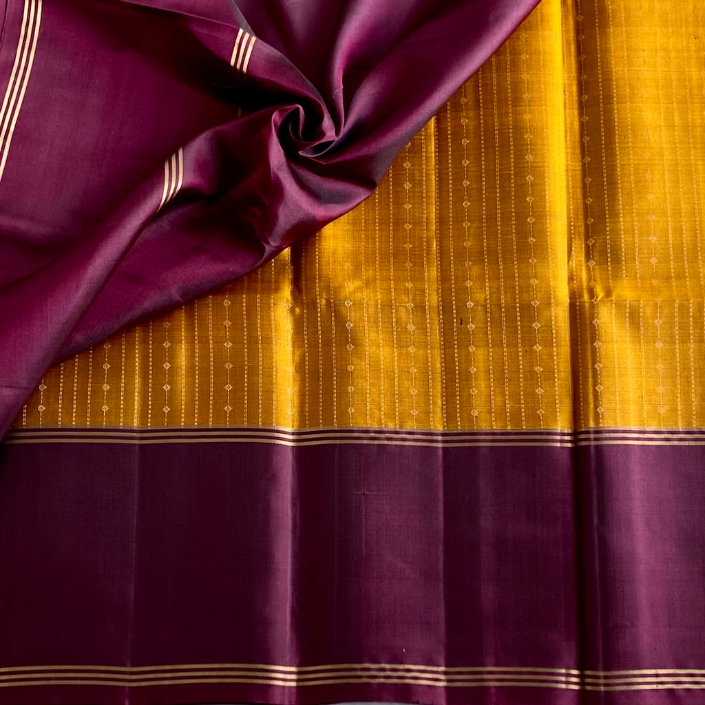 Mustard Gold Designer Pure Silk Saree With Deep Wine Maroon Pallu