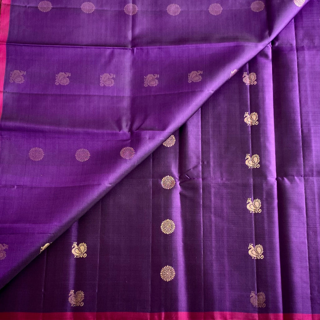Royal Purple Designer Pure Silk Saree With Magenta Pink Pallu