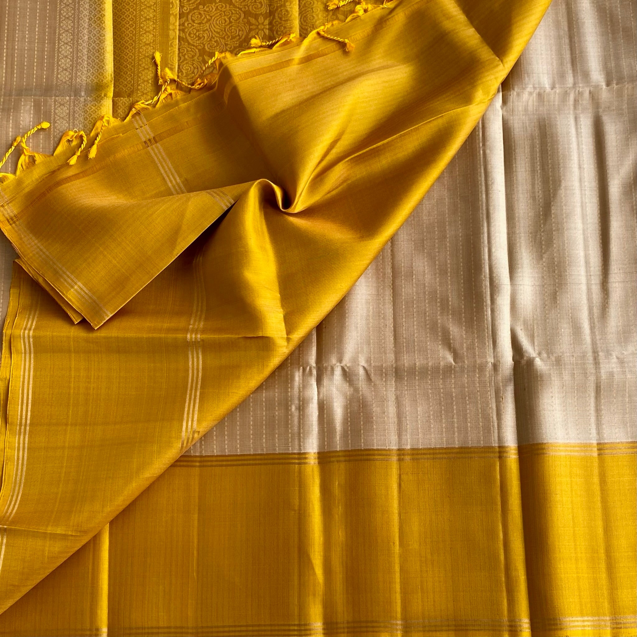 Champagne Beige With Mango Yellow Handloom Pure Silks