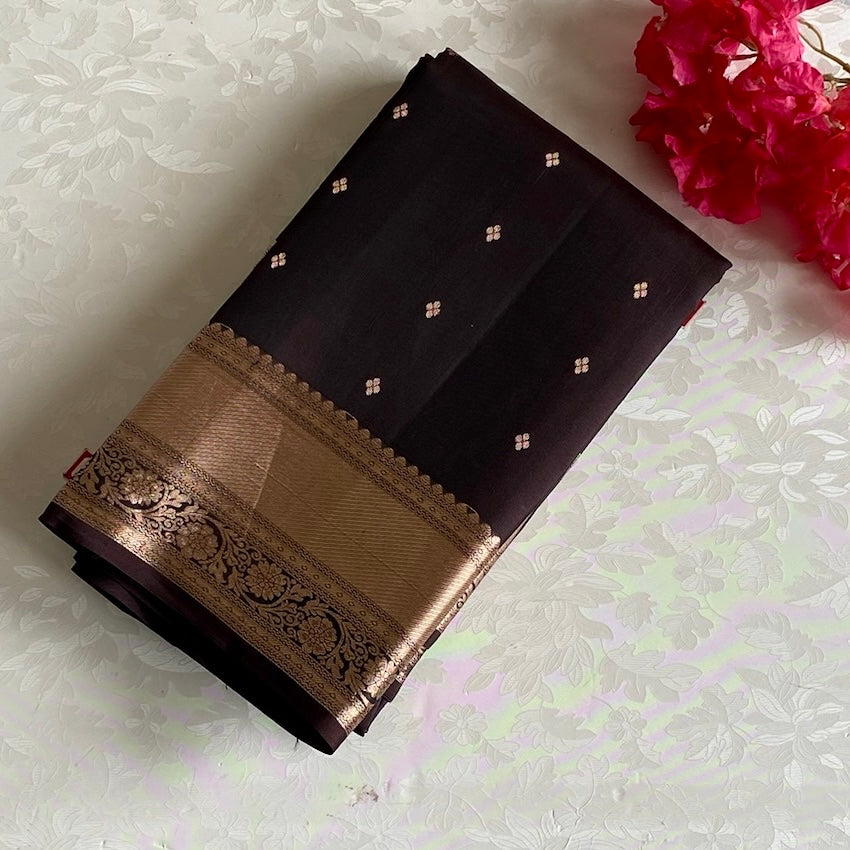 Dark Chocolate Designer Pure Silk With Antique Gold Borders