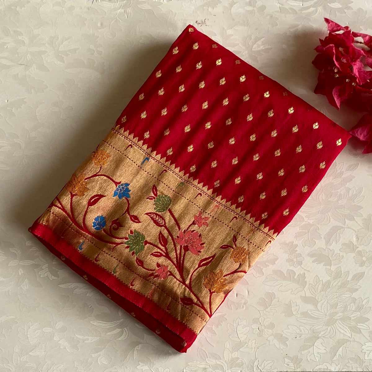 Cherry Red Soft crepe Silk Saree With Antique Gold Floral Pallu
