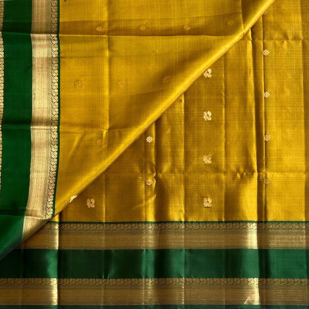 Deep Teal Gold Zari Floral Saree with Mustard Border