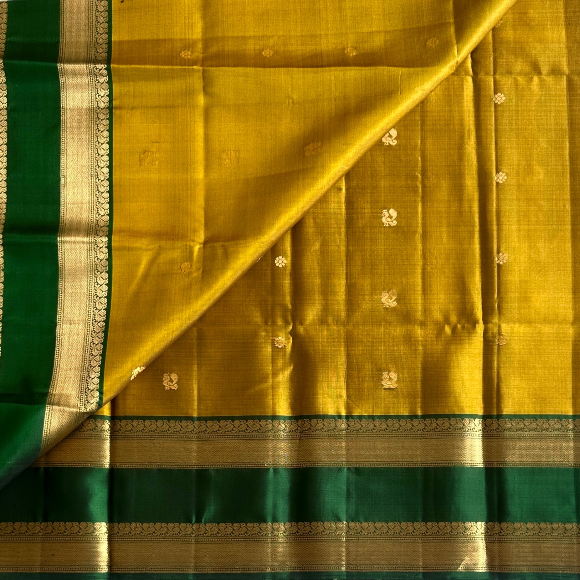 Deep Teal Gold Zari Floral Saree with Mustard Border